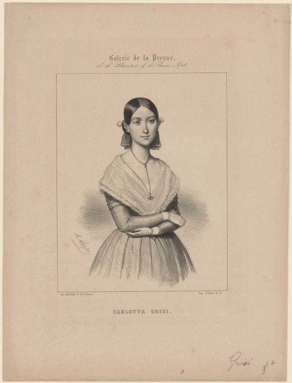 Portrait engraving of a young woman in 1840s dress with dark hair and crossed arms, identified as dancer Carlotta Grisi