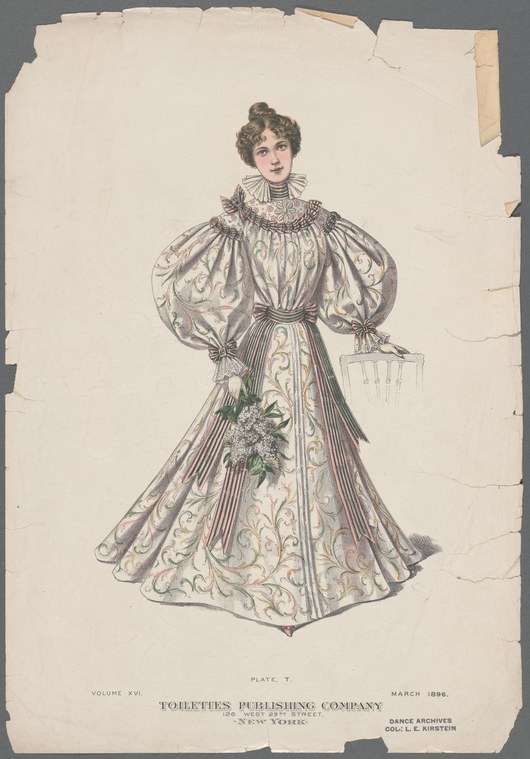 Woman in 1890s dress with voluminous sleeves, high collar, corseted waist, and embroidered skirt, standing motionless against a plain background.