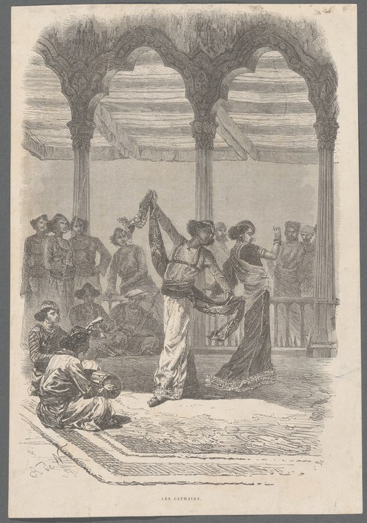 Wood engraving of a woman in a full ball gown turning while dancing in a classical ballroom, surrounded by formally dressed spectators.