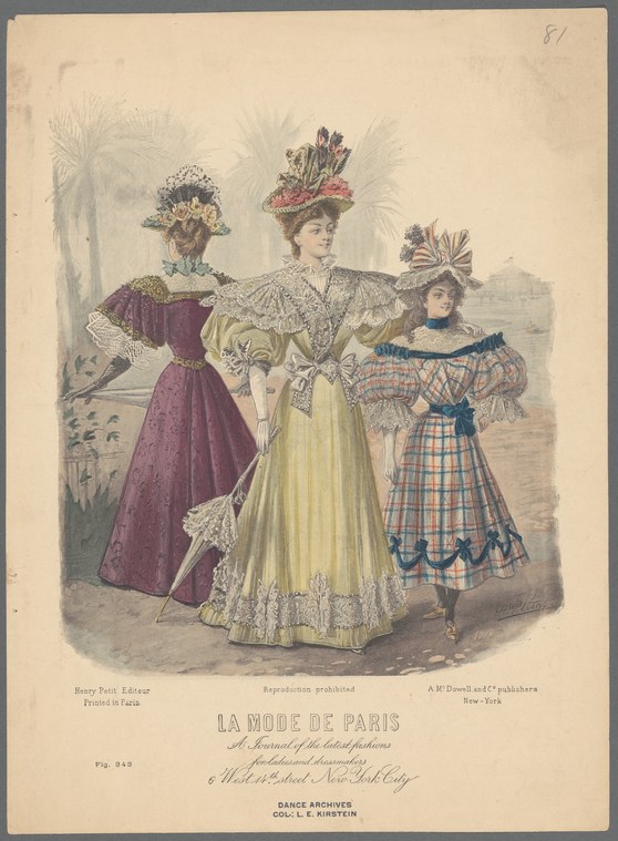 Three fashionably dressed women in Edwardian gowns with oversized hats stand in a Mediterranean resort setting.