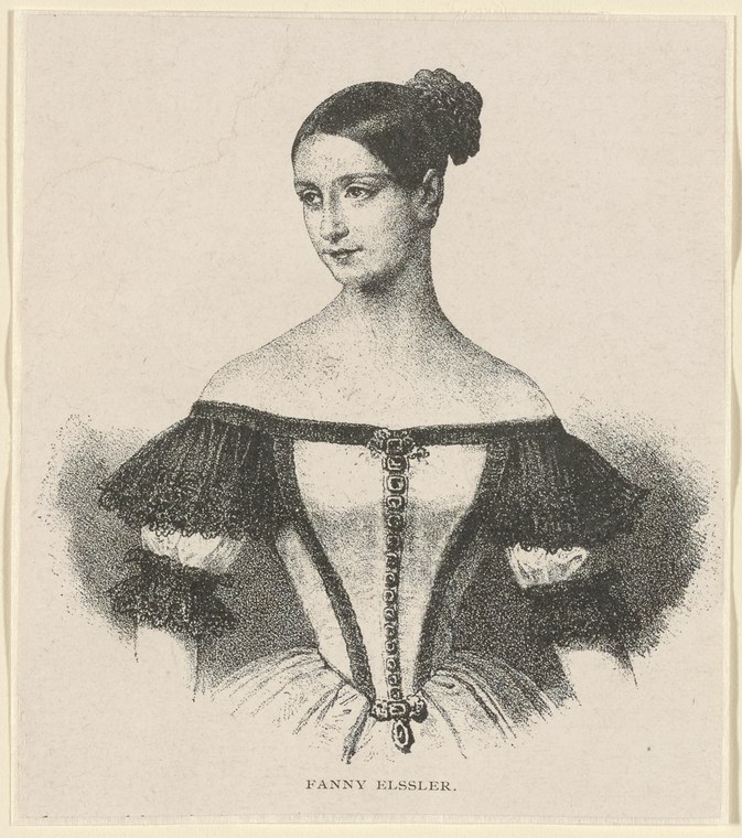 Engraved portrait of a woman in a black off-shoulder dress with ruffled sleeves, her dark hair pinned up, looking directly at the viewer.