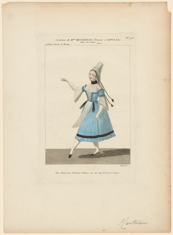 A woman in a pale blue Empire-waist dress and tall white headdress stands with her right arm extended in a graceful gesture against a plain background.