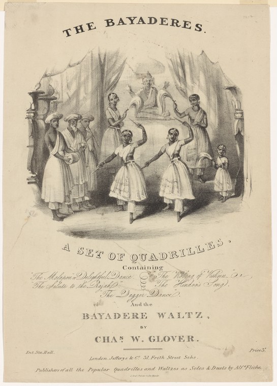 Eight dancers in pale high-waisted dresses perform in a curtained theatrical space; three central figures gesture with raised arms in a turning motion.