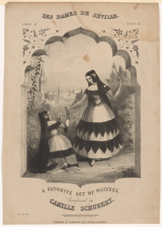 A woman in layered black and white skirts leans forward toward a younger girl in lighter dress, set within an ornamental arch with a Seville skyline behind