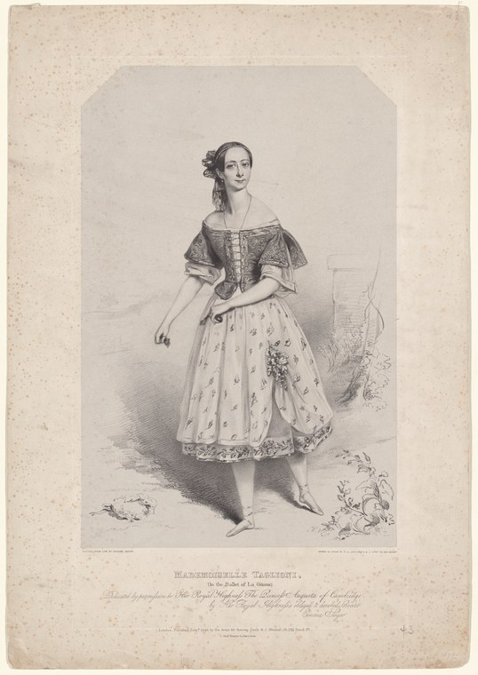 Marie Taglioni in ballet dress, standing in a turned-out pose with arms gracefully extended, her skirt decorated with floral patterns.