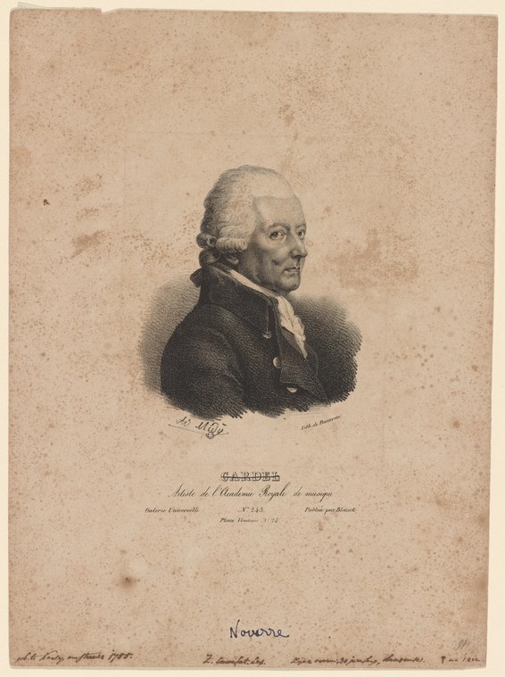 Engraved portrait bust of a man in 18th-century coat and cravat, facing left, identified as Gardel of the Paris Opéra.