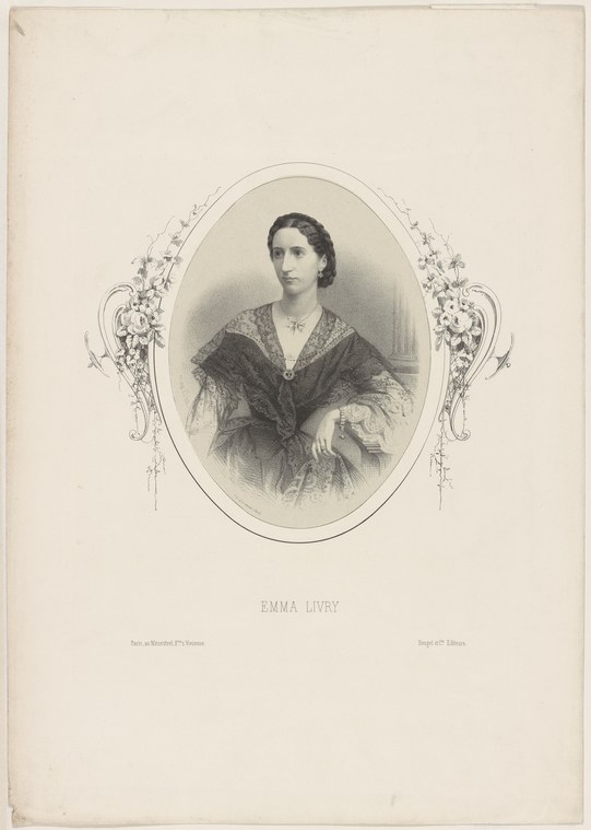 Engraved portrait of a woman in dark dress, seated in contemplative pose, in an ornate oval frame with rococo flourishes.