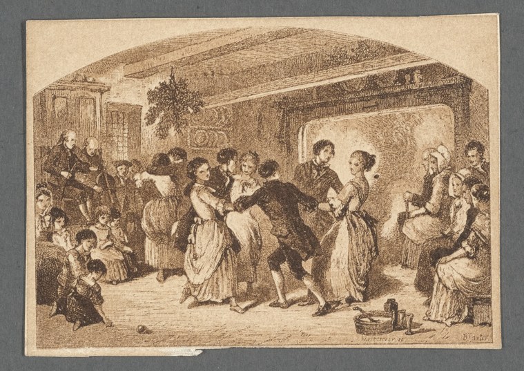 Interior scene of men and women in 18th-century dress dancing in a circle by a fireplace while others watch.