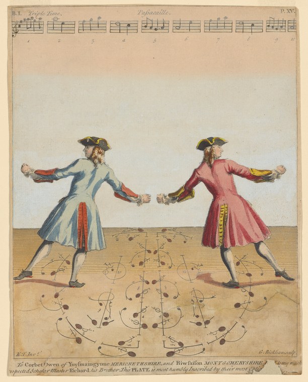 Two men in Georgian dress face each other with arms extended, standing on a geometric floor pattern marked with curves and dots, with musical notation above.