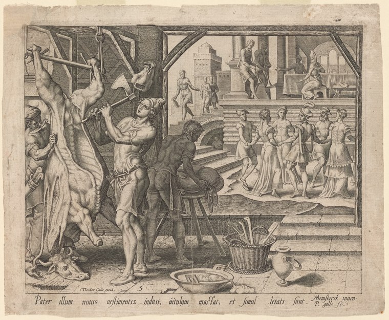 Renaissance engraving in two registers: a semi-nude man being dressed below; courtiers in formal dress witnessing from a columned gallery above.