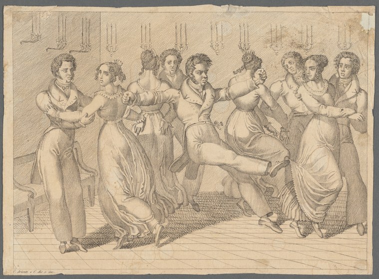 Ten classically dressed figures surround a man arched backward with clenched fists; others turn toward him in apparent shock.