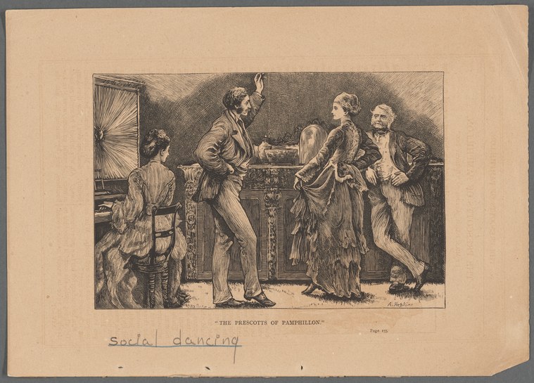 Four formally dressed figures in a lit drawing room: a standing man gestures while addressing the others in conversation.