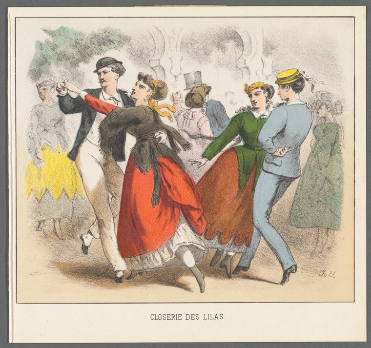 A man lifts a woman in a red skirt between two other men at a garden café while onlookers watch, in a colored lithograph.
