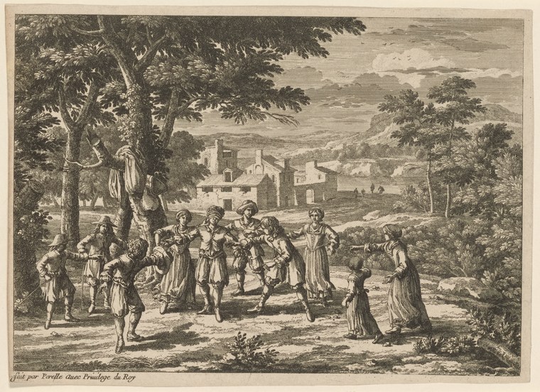 Renaissance engraving showing a group of costumed figures playing Blindman's buff in a wooded landscape with a town in the distance.