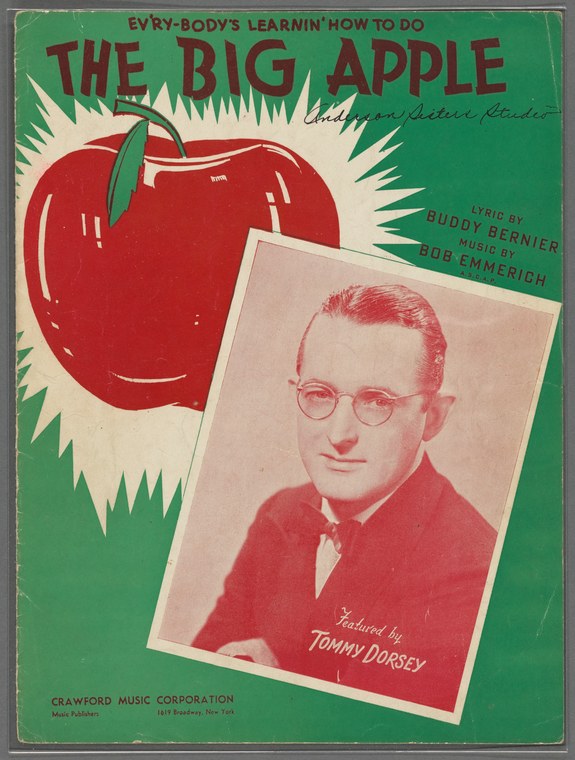 Sheet music cover for 'The Big Apple' featuring a large red apple and a photograph of bandleader Tommy Dorsey in formal attire.