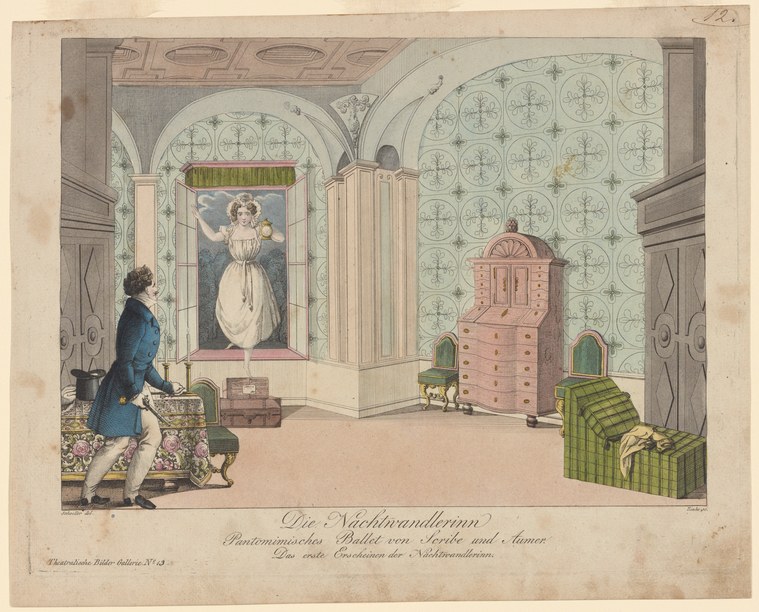 Hand-colored engraving showing a man in dark coat observing a woman in white nightgown with raised arms, appearing to sleepwalk in an ornate neoclassical