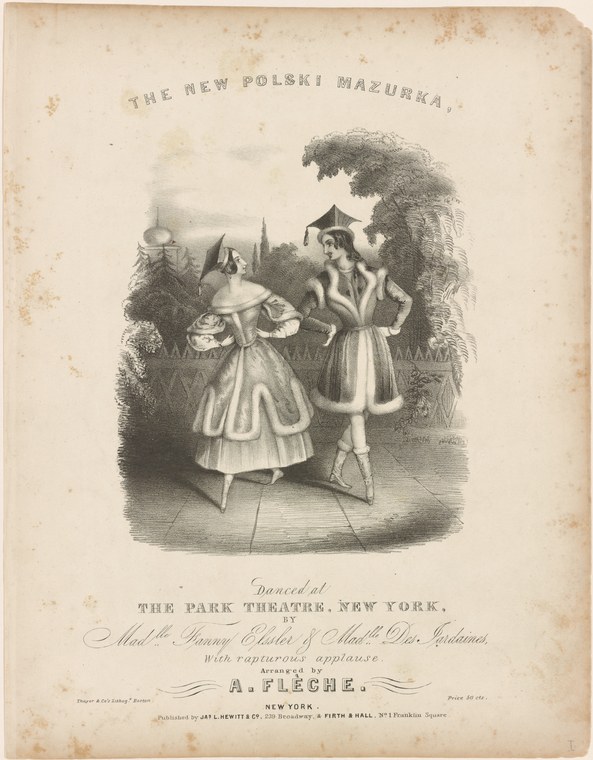 Two classical ballet dancers in tutus and pointe shoes, en pointe in refined poses, one with leg extended, set against a soft foliage background.