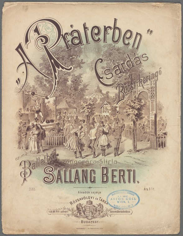 Couples in ballroom dress perform waltzes in Vienna's Prater gardens, a chromolithograph advertising public dances including the csárdás.