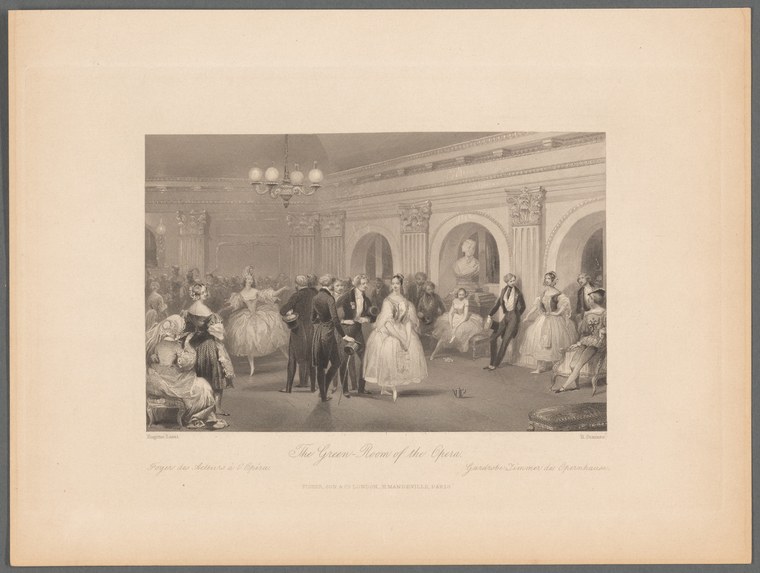 A crowded formal social gathering in an opera house foyer, with columns, a chandelier, and figures in 19th-century ballroom dress.