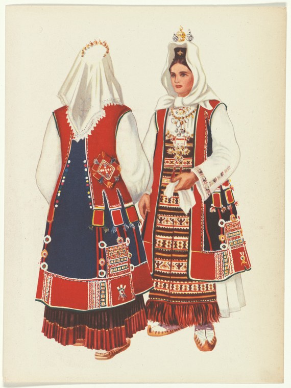 Two figures in traditional Yugoslav embroidered dress and pleated linen headdresses, shown in static, full-length poses for costume documentation.