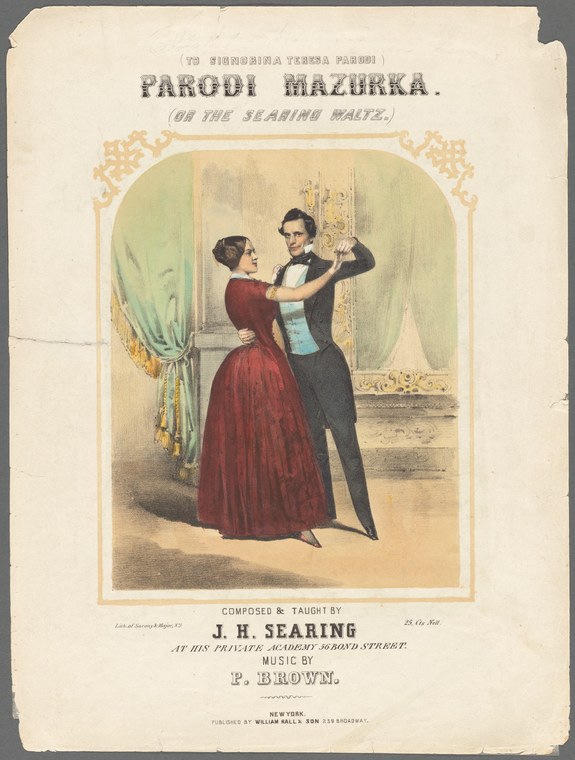 A man in tailcoat guides a woman in a crimson gown through a turning mazurka in a moonlit drawing room.