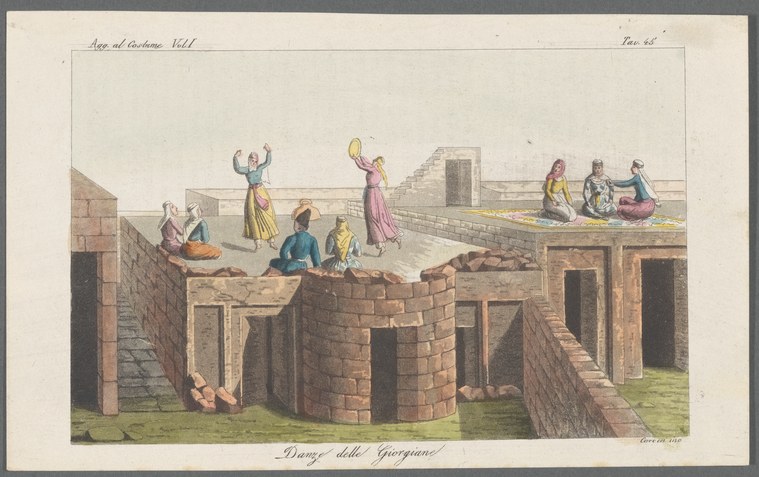 People in 18th-century dress dance on a rooftop fortification. One woman raises both arms above her head while others stand and sit nearby on the terrace.
