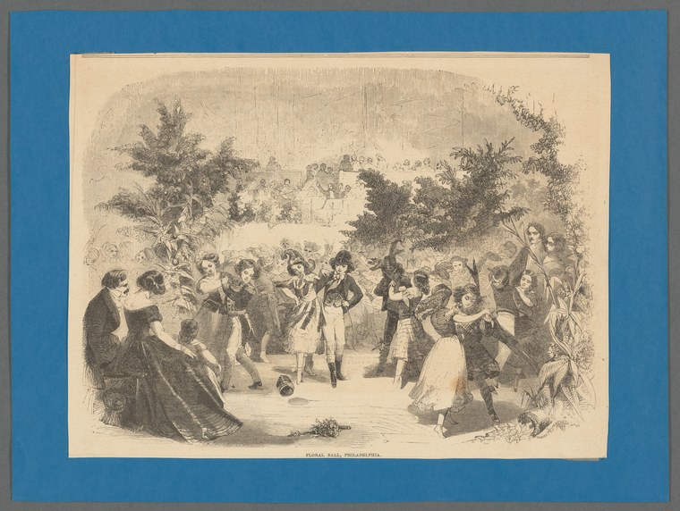 A mid-19th-century engraving of a crowded outdoor garden party with couples dancing in ballroom dress among onlookers.