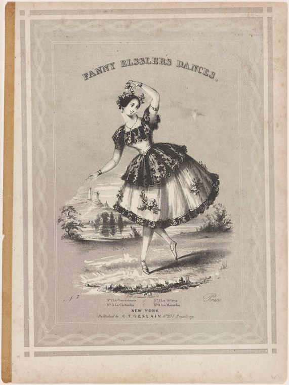 A young woman in Romantic ballet costume stands on pointe, one leg extended, arms held in soft curves, wearing a short embroidered skirt and tiara.