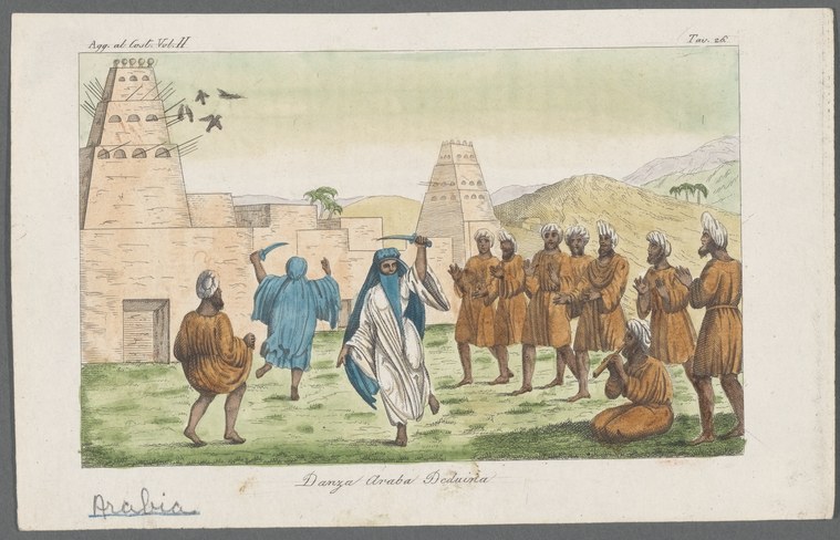 Hand-colored engraving of African communal dancers in traditional dress gathered before two large fortified structures in a settlement landscape.