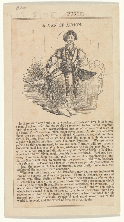 Engraving of a male dancer in Regency dress, mid-leap with one leg raised and arms extended overhead in a theatrical pose.