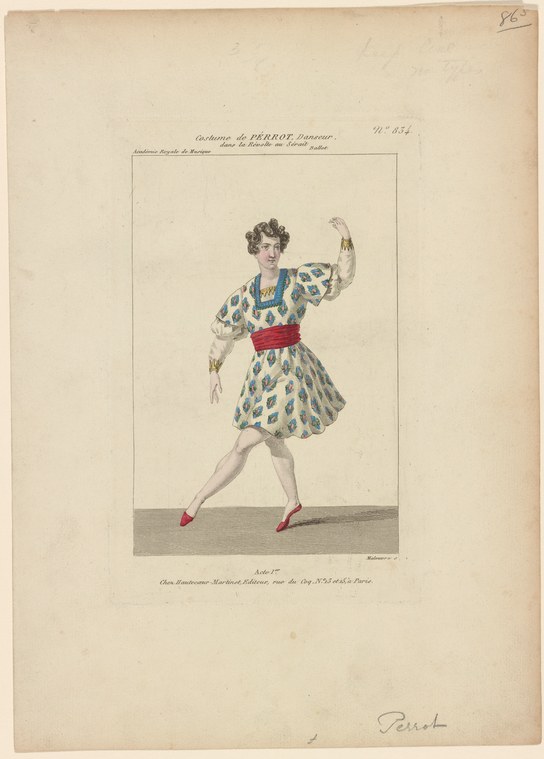 Male dancer in white tunic with blue patterned overlay, red sash, and red slippers, posed with right arm raised and left leg extended.