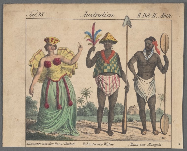 Hand-colored engraving of three figures: a woman in European court dress with a feathered headdress, and two men in minimal dress holding staffs, labeled as