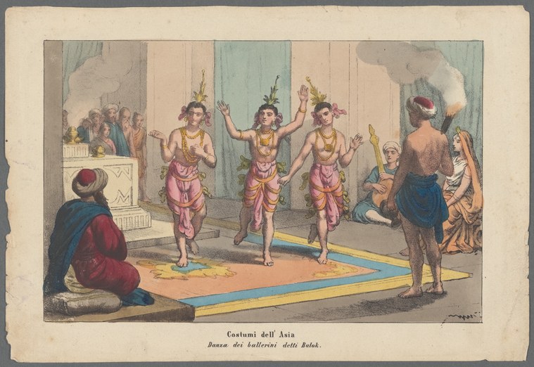 Three young male dancers in pink silk and ornamental headdresses move energetically with raised arms in a ceremonial interior, observed by seated and standing