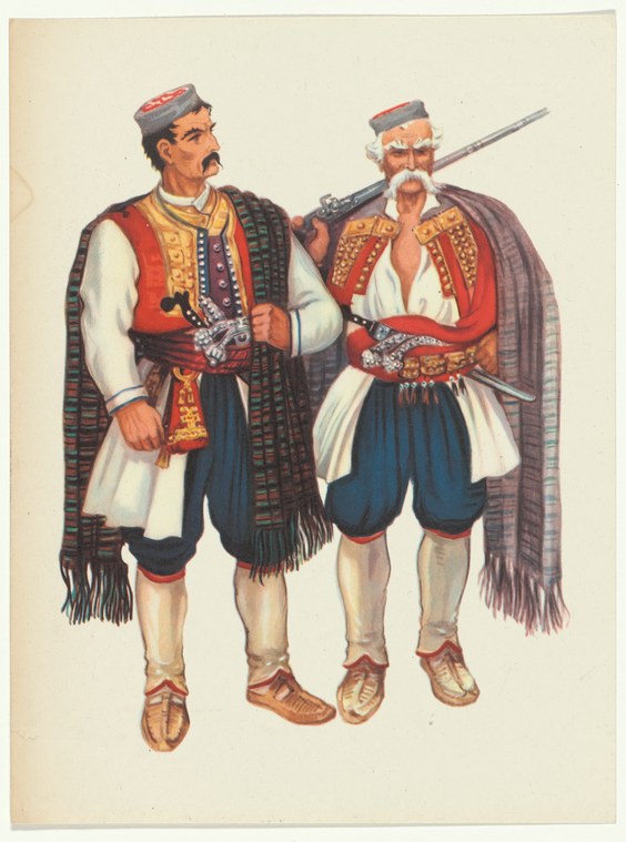 Two bearded men in embroidered red vests, blue breeches, striped cloaks, and fezzes stand facing forward; the right figure holds a rifle.