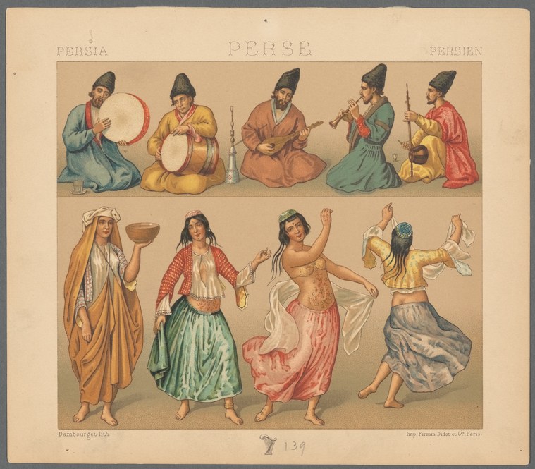 Five seated musicians in Persian dress play traditional instruments; four dancers in jeweled costumes perform swaying and turning movements below them.