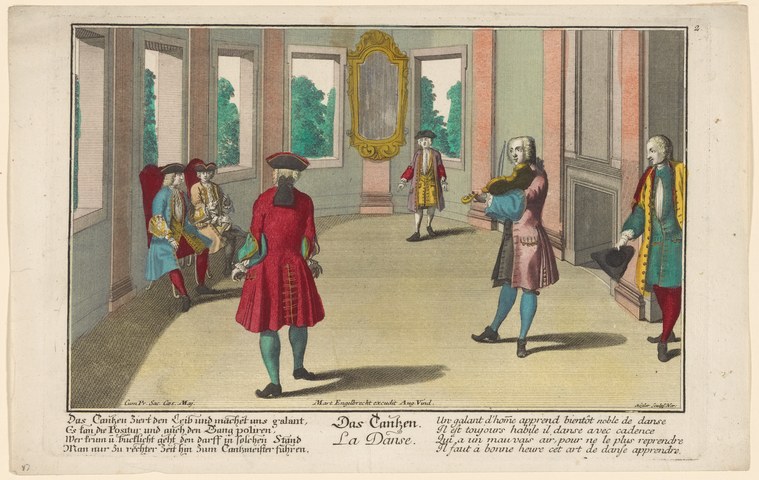 Six aristocratic figures in 18th-century dress perform formal courtly dance in a grand interior with tall windows and a gilt mirror.