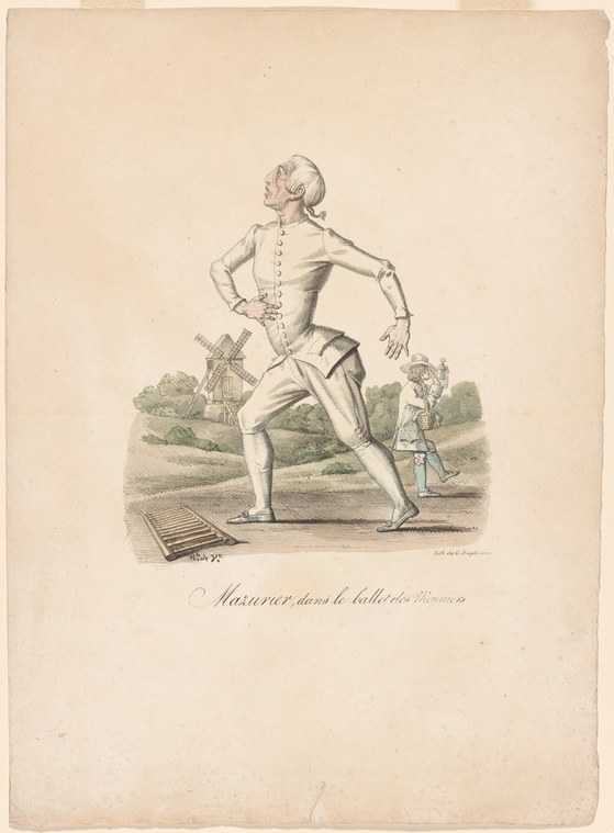 Male dancer in eighteenth-century jacket and breeches performs a leap in a rural landscape with a windmill.