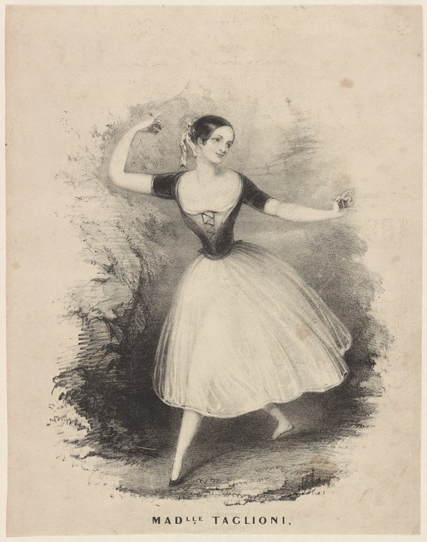 A young woman in ballet dress leaps with arms extended, wearing a short dark corsage and pale tulle skirt, rendered in soft lithographic crayon.