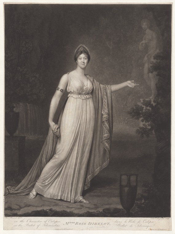 Woman in classical Greek dress and diadem standing in formal pose, one arm extended, in shadowed interior with architectural fragments.