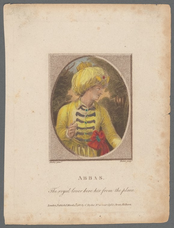 Hand-colored 18th-century engraving of Abbas in profile, wearing a yellow turban and striped coat, against a dark background.