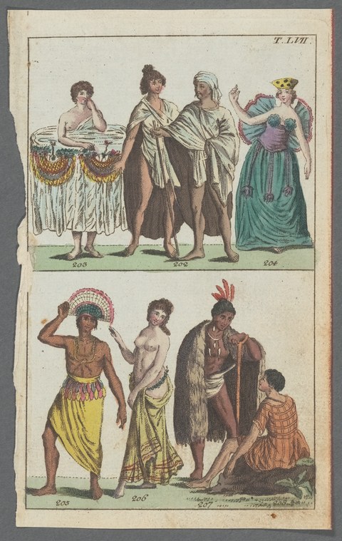 Hand-coloured engraving showing eight figures in regional and exotic costumes, posed against neutral ground in two rows.