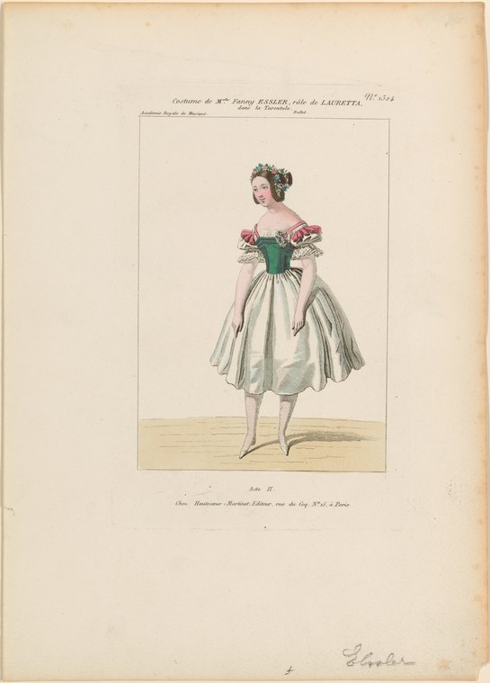 A woman in a Romantic-era ballet costume stands still against a plain background, wearing a green bodice, voluminous white skirt, and flower crown.