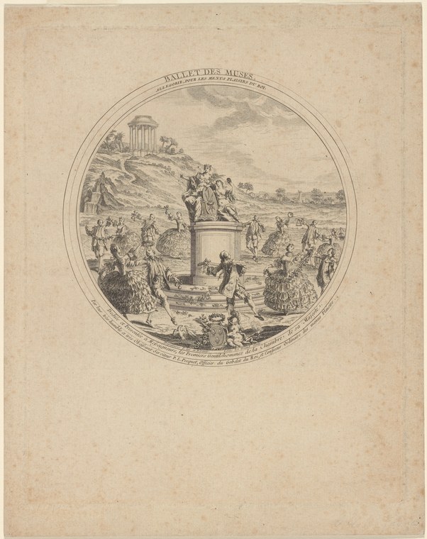 Circular engraving of formally dressed courtiers dancing in concentric rings around a classical monument in a pastoral landscape.