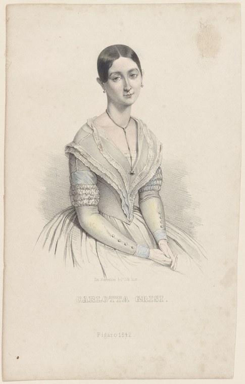 Formal portrait engraving of a young woman in 1840s dress with dark hair, pale silk gown, and shawl.