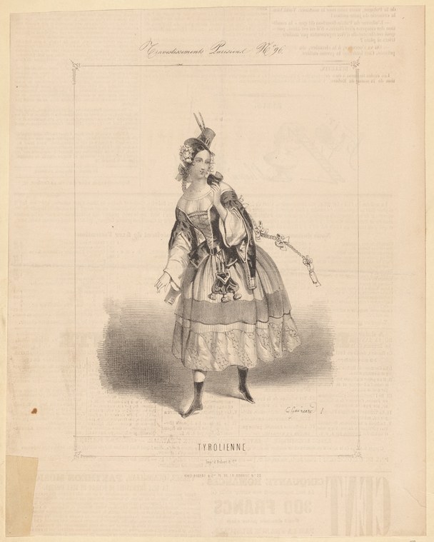 A female dancer in pale muslin skirt and fitted bodice stands with both arms raised, gazing directly outward in animated presentation.