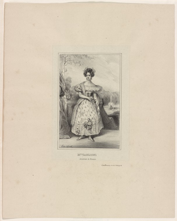 Engraving of a young woman in white muslin ball gown, posed gracefully in a neoclassical interior with one arm raised.