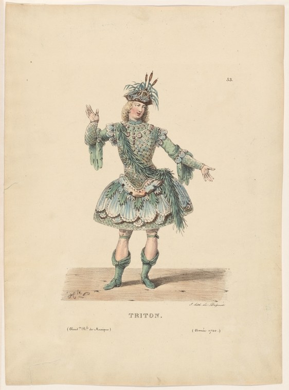 A man in an elaborate green and white costume with a feathered headdress stands in a formal pose with extended arms.