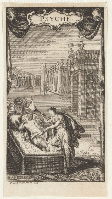 Baroque engraving: reclining woman in classical drapery receives touch from winged putto on bed; classical architectural setting with columns and tower.