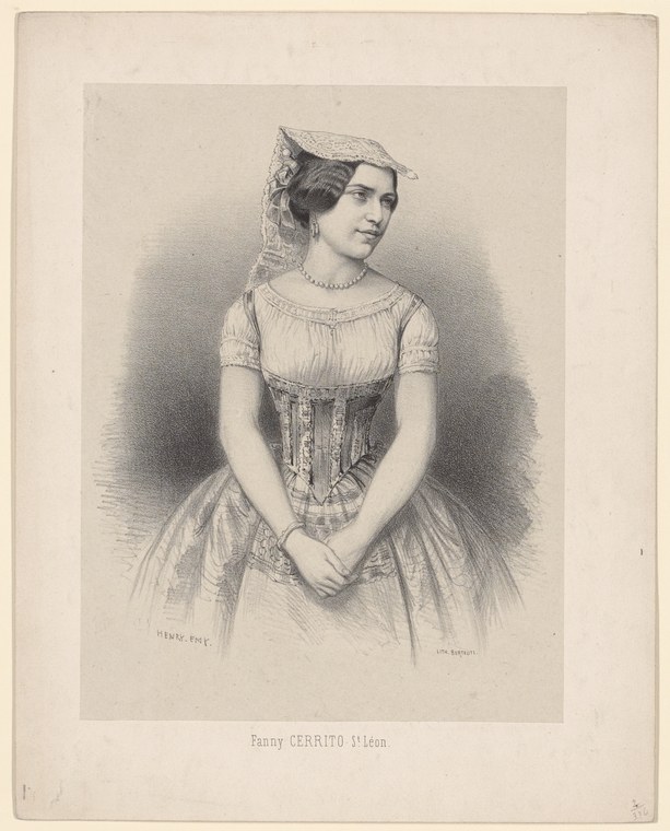 Portrait engraving of a young woman in a Romantic-era ballet costume with white muslin skirt, fitted bodice, and decorative headdress.