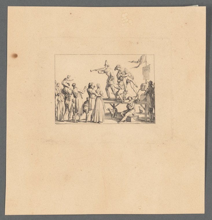 Engraving of outdoor commedia dell'arte performance with actors in exaggerated postures on a platform and audience of adults, children, and a dog watching from